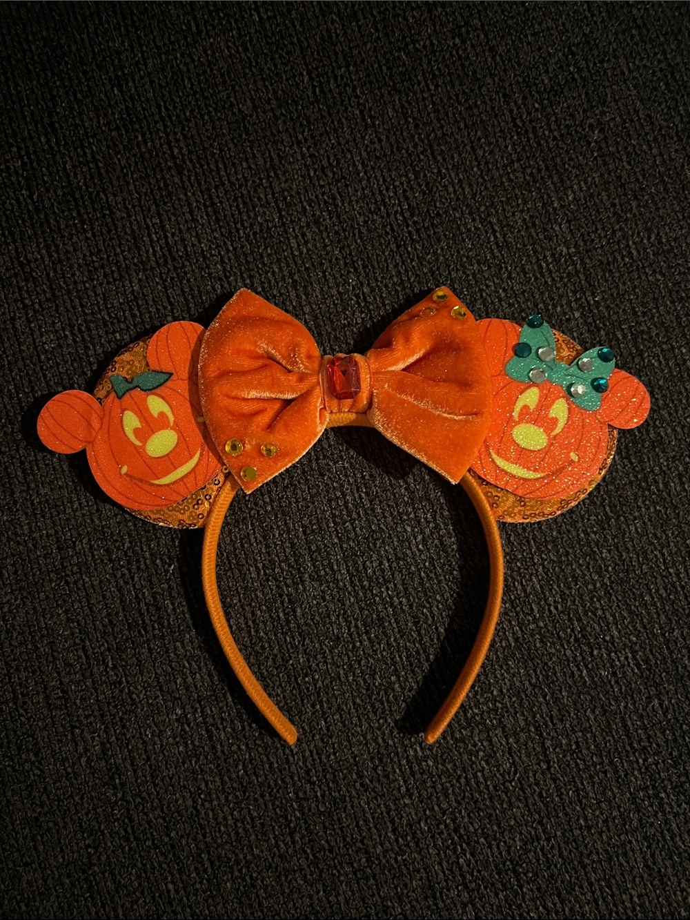 Pumpkin Mouse Ear Headband with Orange Velvet Bow